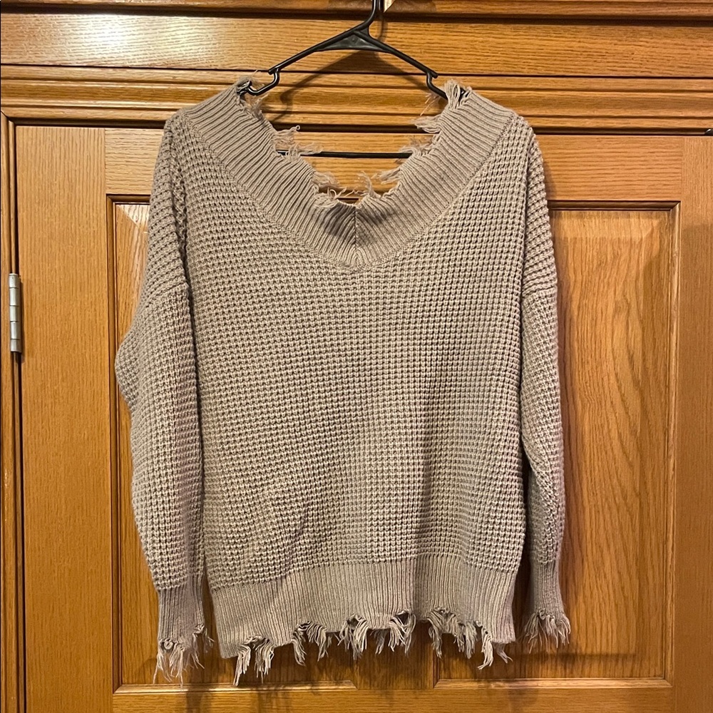 Zenana Outfitters Distressed V-Neck Sweater - Tan
